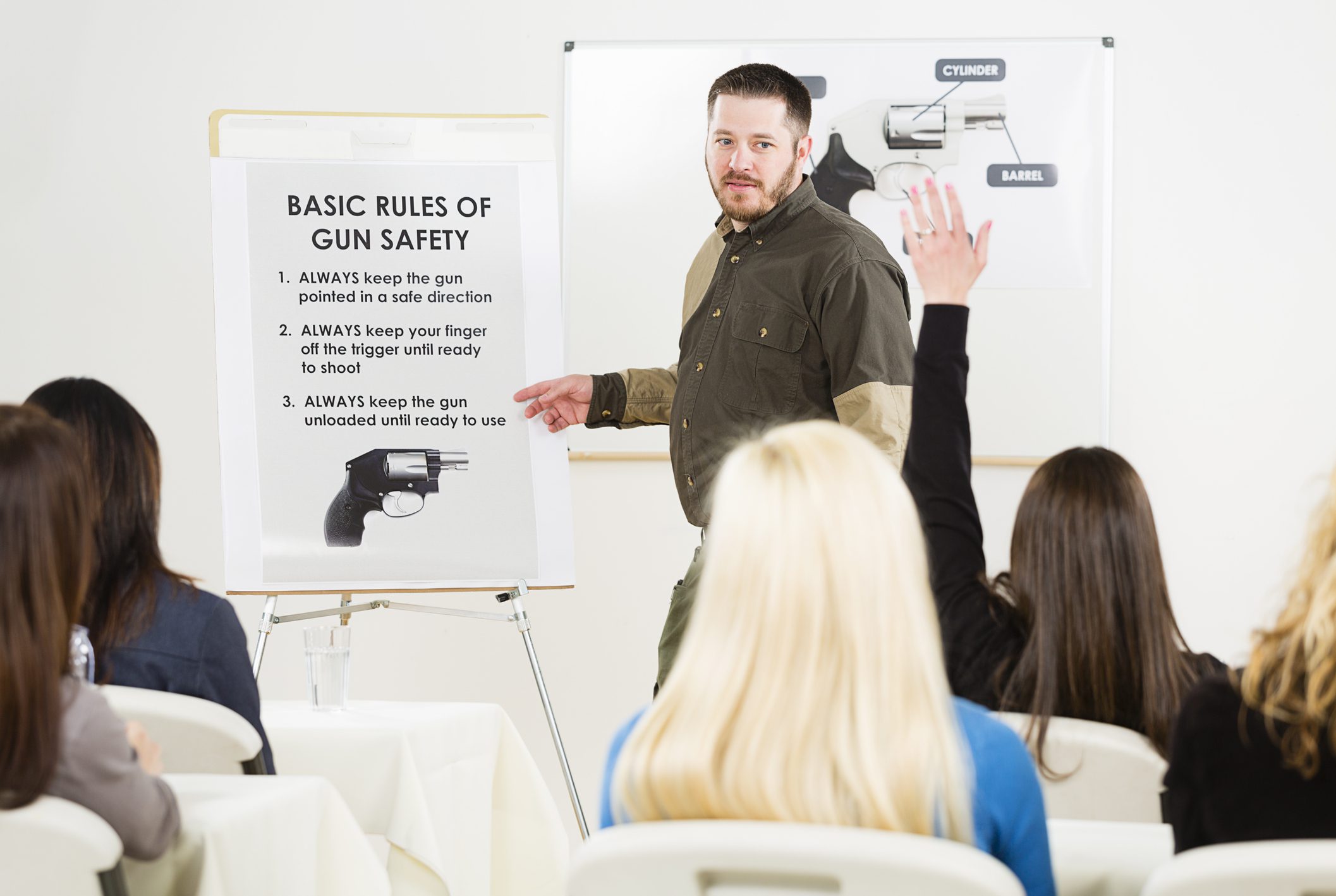 Gun safety class with attentive participants.